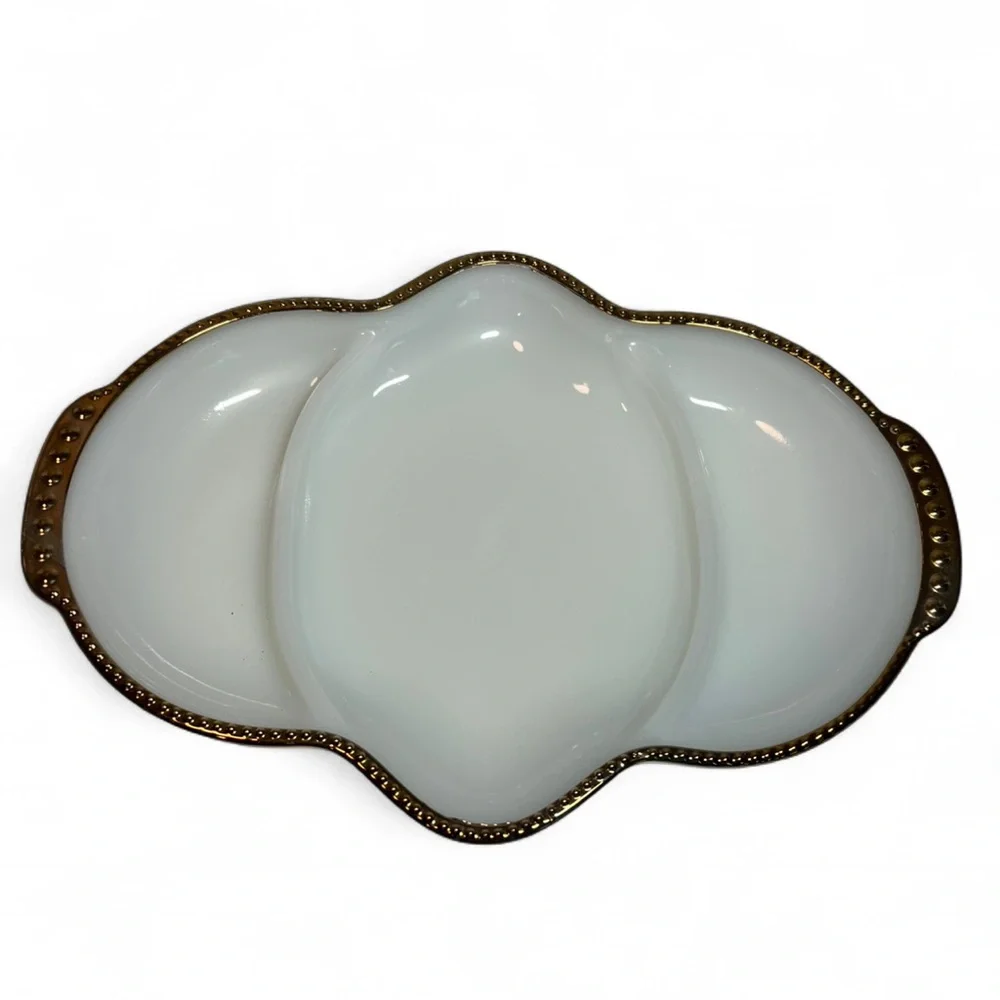 💥SALE! Vintage Fire King White Milk Glass Gold Trim Divided Serving Dish - Picture 1 of 13